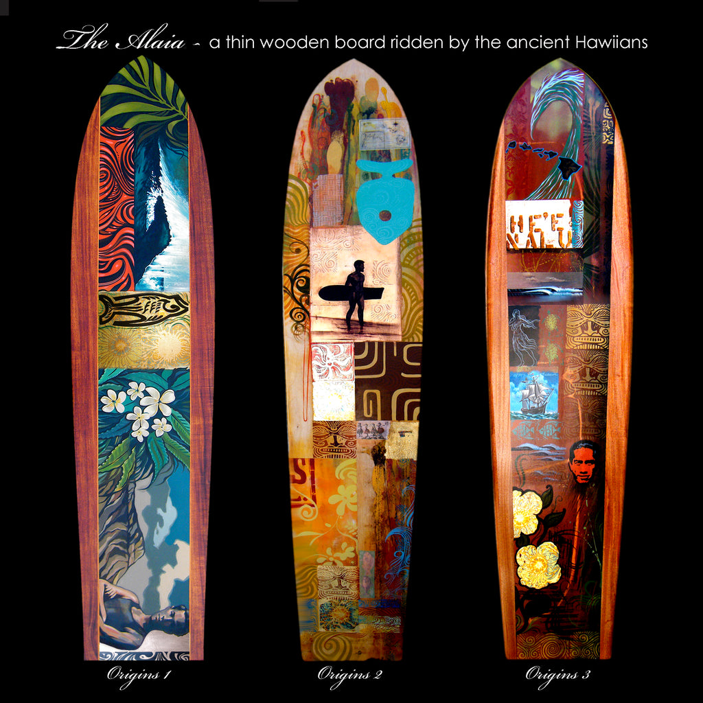  Original mixed media (acrylic paint, gold leaf, stain) on Mahogany and Spanish Cedar hand shaped “alaia” surfboards by Wade Koniakowsky