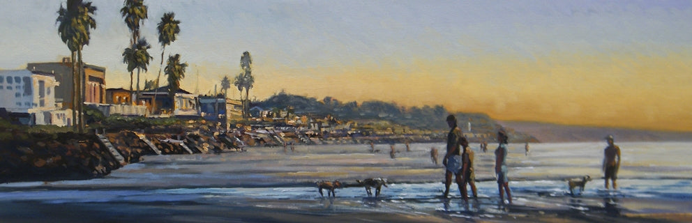 "Dog Beach Sunset" warms the heart of all the local dog lovers in Del Mar, California, and surrounding areas.   This piece is customizable!  Wade will personally paint you and your dogs into this magical beach scene.  