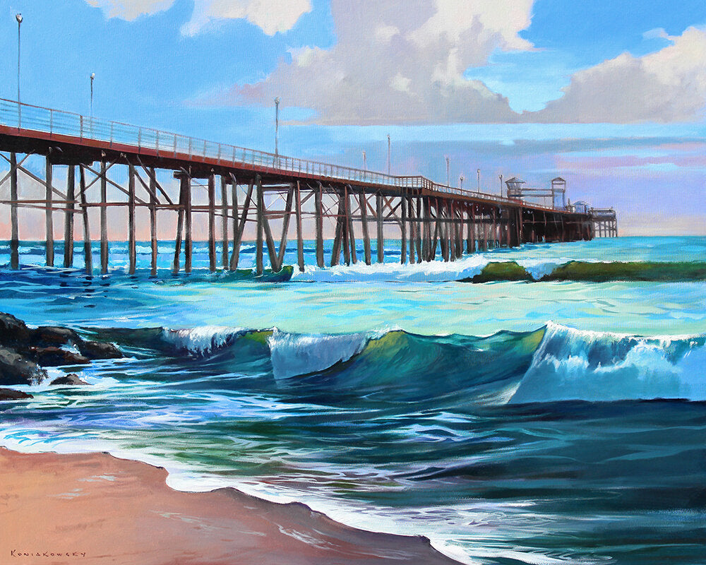 “Evening at Oceanside Pier” The colors of the sky and water at picturesque Oceanside Pier never fail to soothe and inspire.  Originally painted in oil, this print is true to color and of the highest quality. 