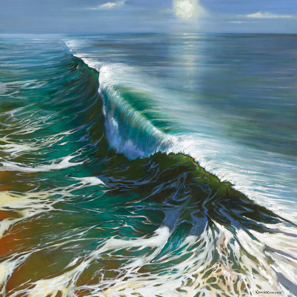 “Fear Not” This is a majestic blue-green wave just starting to curl towards an ochre shore. Looking closely you can see the layers of color giving a peak to the sandy bottom below. With the offshore spray, bright highlights and disappearing horizon, this art piece brings the feeling of a cool ocean breeze to any space.  Originally painted in oil, this giclee is true to color and of the highest quality. Giclee on canvas, gallery-wrapped. 