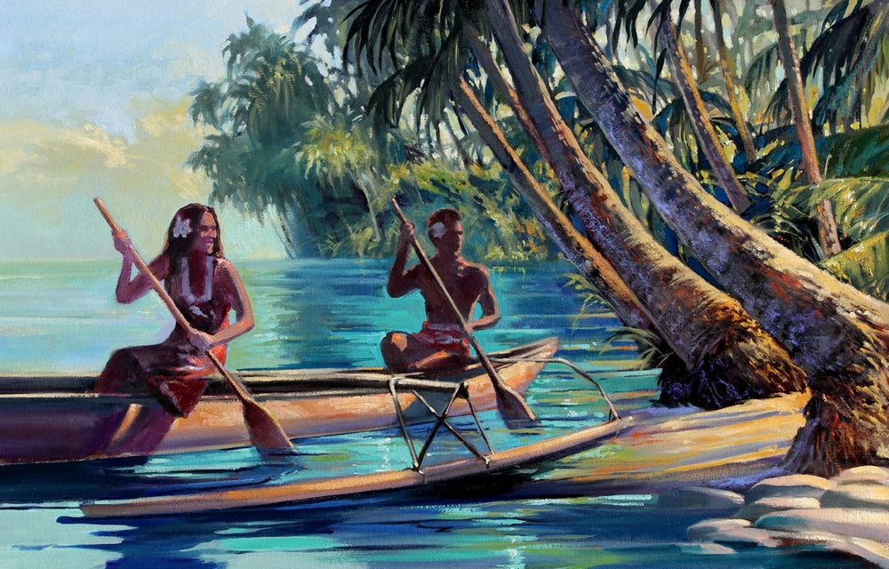 "Outrigger Couple 2" Calm crystal clear ocean waters along a shore of scattered palm trees.  A couple paddles along in their outrigger enjoying the ocean breeze on this warm day.  Brings a tropical feel to any space.