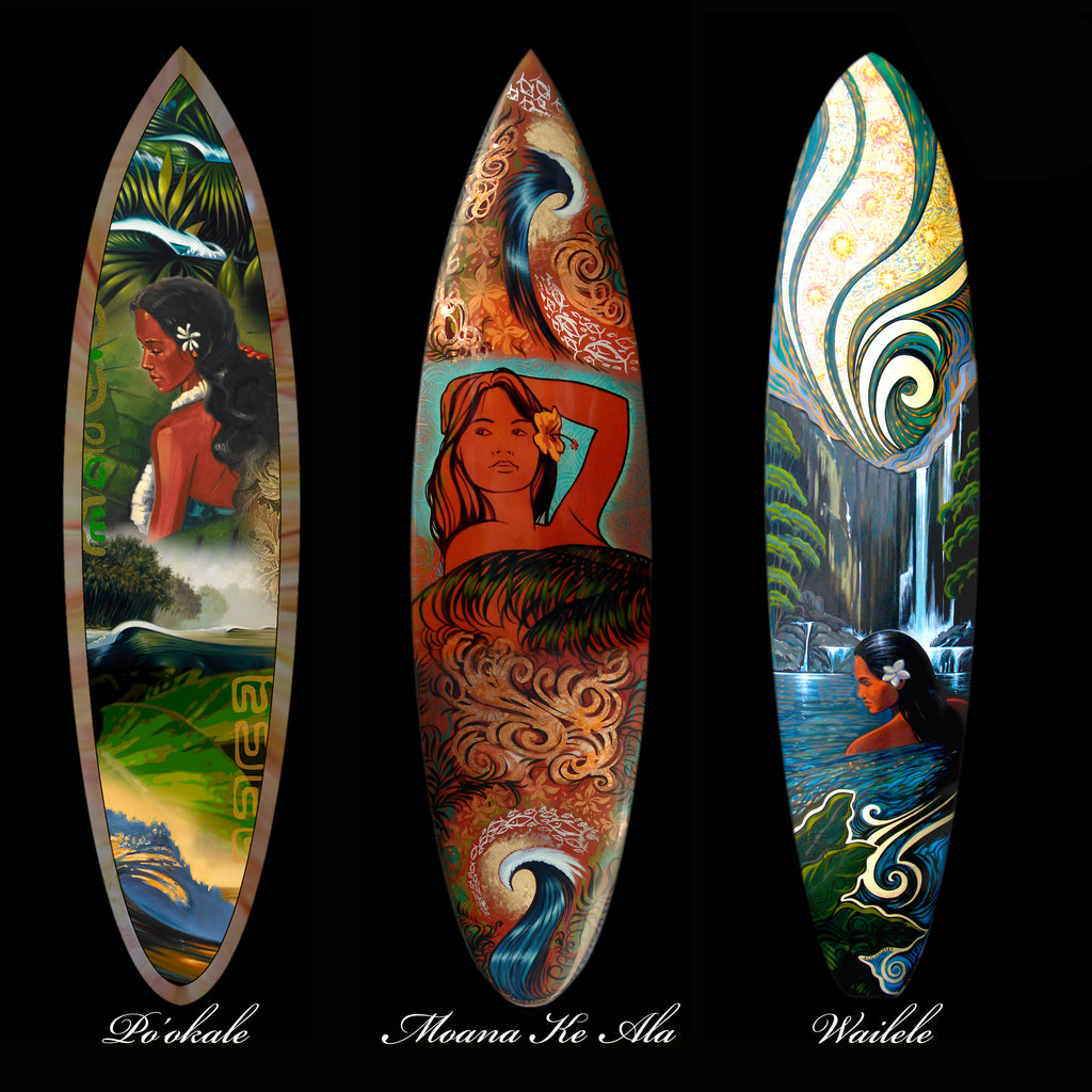 Surfboard art by Wade Koniakowsky featuring mixed media collage with hawaiian, polynesian and tropical styles. Wade uses acrylic paint, gold leaf and stain.. 