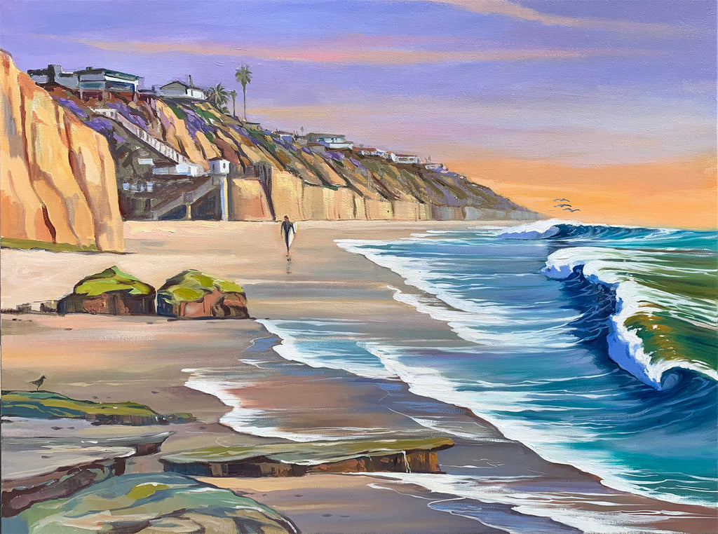 Solana Sunset - A popular wide beach loved by the locals, the view spans from Table Top Reef to the north end of Del Mar. Oil painting by Wade Koniakowsky. Orange and purple sky, blue green water 