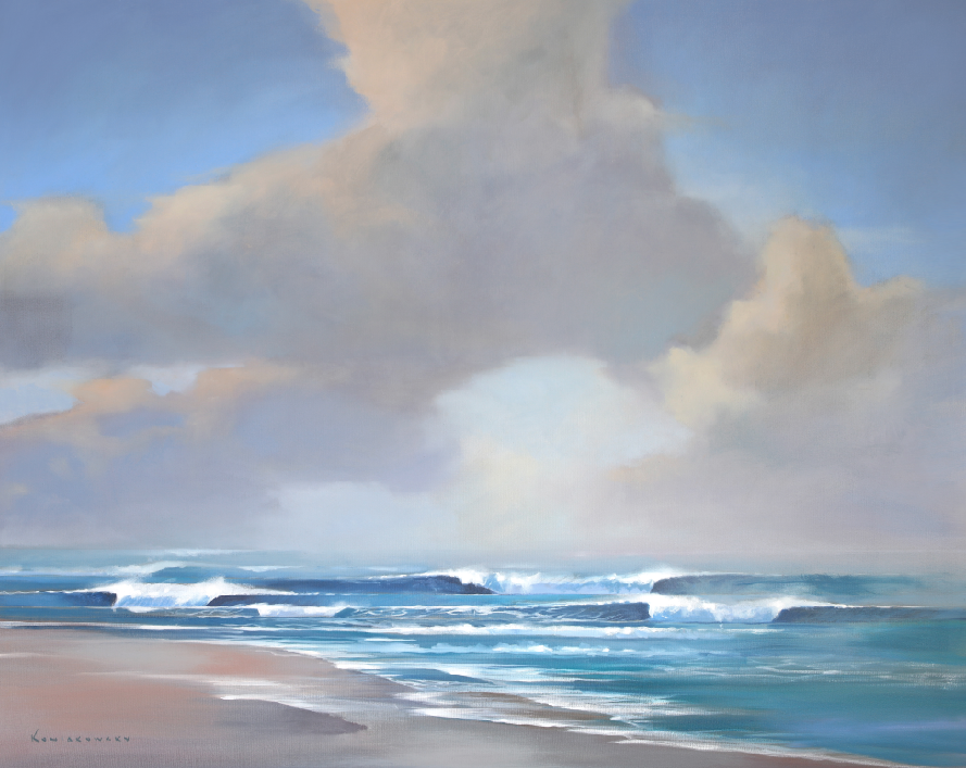Quiet oceanscape wave painting by Wade Koniakowsky, featuring a calming and contemplative vision of the sea in modern neutral tones.