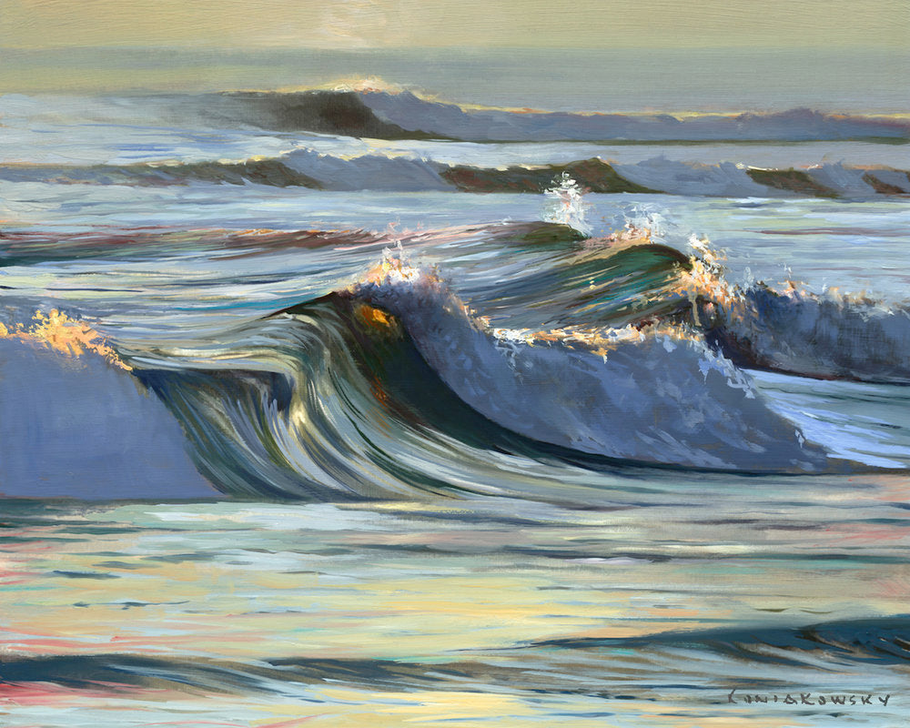  This is a silver, blue, gold, and green image of a wave breaking off shore. Its semi-neutral color palette coordinates with modern decor, but it will hang nicely in any beach cottage, wherever it is!