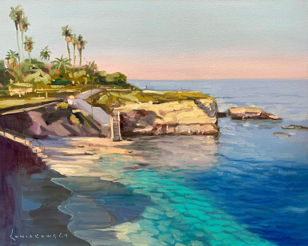“The Jewel”.   This iconic scene of La Jolla really shows how La Jolla got it's name! A brilliant morning at the cove. This most recent one has a brighter, early morning and very positive feel to it. Rich with subtle hints of pink and turquoise.