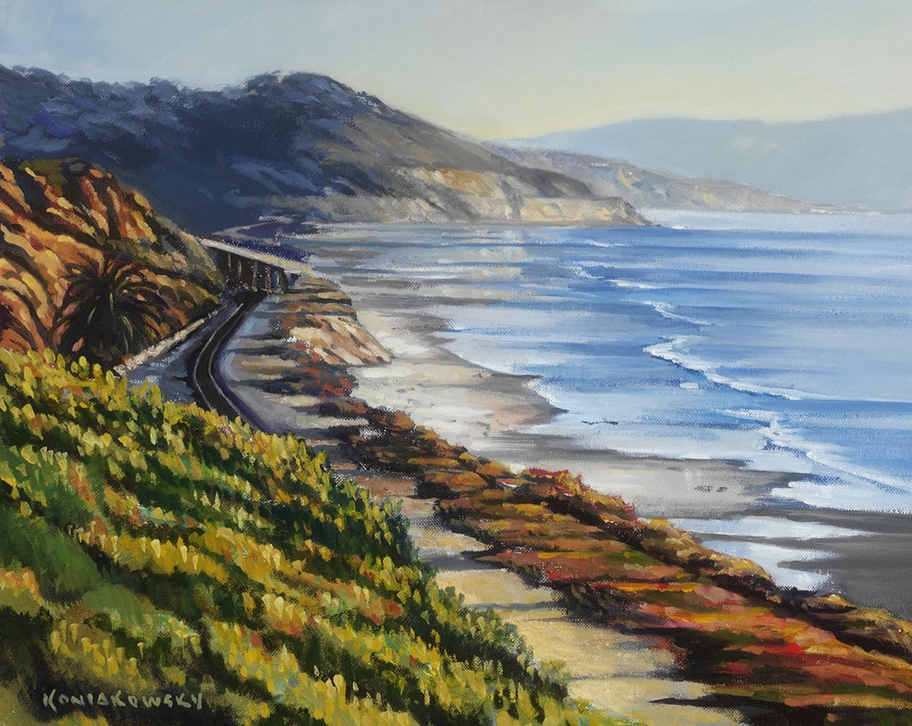 "Torrey Pines from Del Mar" is a peaceful California landscape with an eyeful of the Pacific ocean, coastline, and popular trails of Torrey Pines in La Jolla.