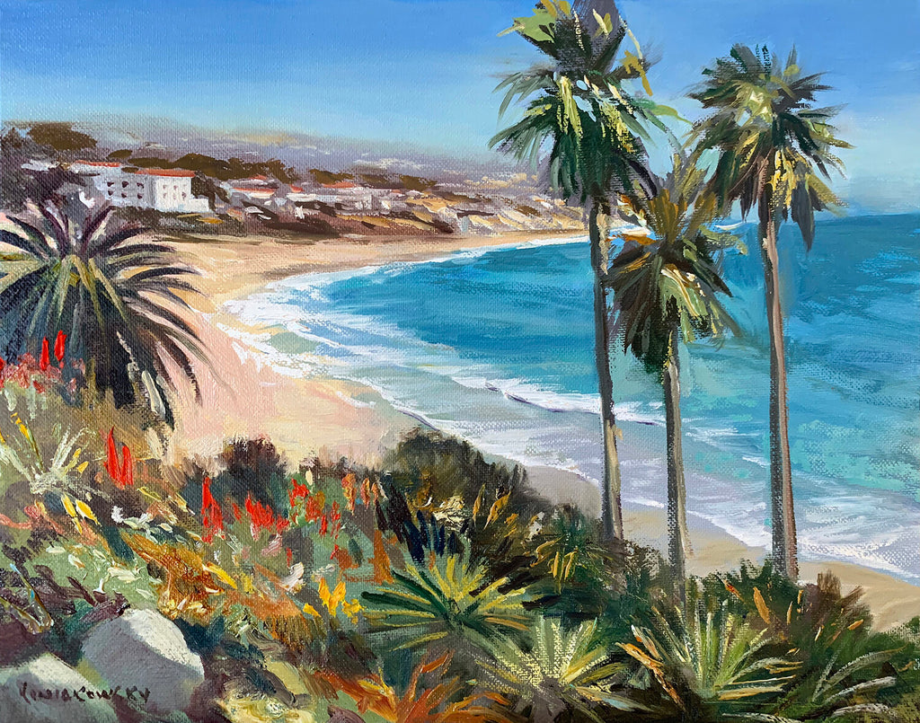  A beautiful rendition of Laguna looking south toward main beach with a large part of the panorama of the city visible. Canary Palms, Mexican Fan Palms and a variety of succulents and colorful blooms light up the foreground. Oil painting Wade Koniakowsky