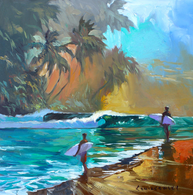 "Cove of Wealth" Surfers dream spot of peeling left handed barrels and warm tropical skies. Originally painted in oil, this giclee is true to color and of the highest quality. Giclee on canvas, gallery-wrapped.