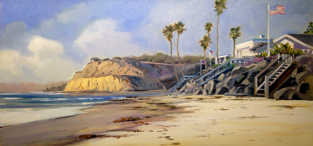 "Dog Beach North"  Dog Beach in Del Mar, California, is a favorite beach where dog lovers bring their pets to play. The bluffs in nearby Solana Beach are breathtakingly beautiful.  Originally painted in oil, this giclee is true to color and of the highest quality. Giclee on canvas, gallery-wrapped.