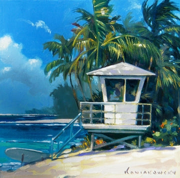 "Ehukai Beach Park"  An iconic lifeguard tower on the famous North Shore Oahu beach, looking out over Banzai Pipeline. This legendary surfer's paradise in Hawaii brings the local feeling of a warm ocean breeze and an aloha spirit.   Originally painted in oil, this giclee is true to color and of the highest quality. Giclee on canvas, gallery-wrapped.