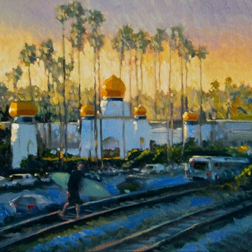 "Enlightened Light"  Sunset glow peaks through a row of palm trees above the Self-Realization Fellowship Temple in Encinitas, California.