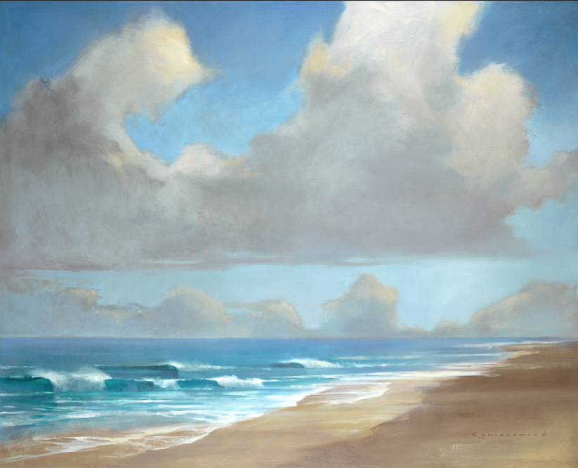 “ENLIGHTENED SHORE” Bixby & Ball Exclusively 3/2021 Peeling waves and offshore spray below a blue sky of glorious clouds.  
