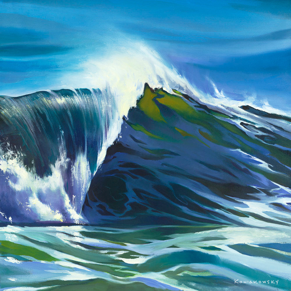 “Froth” Left handed shore-break wave with offshore ocean spray and a frothy shoulder. Blues, greens and bright highlights give a feel to a warm summer day at the beach.  Originally painted in oil, this giclee is true to color and of the highest quality. Giclee on canvas, gallery-wrapped.
