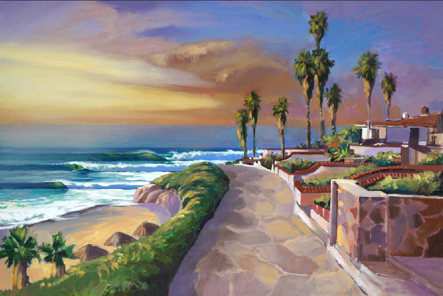 “Gaviotas Sunset”  Romantic view of this Northern Baja favorite, but could be so many places in the tropics. Perfect waves, Palapas on the beach with beautiful beach cottages in the foreground - topped off by a beautiful sunset!
