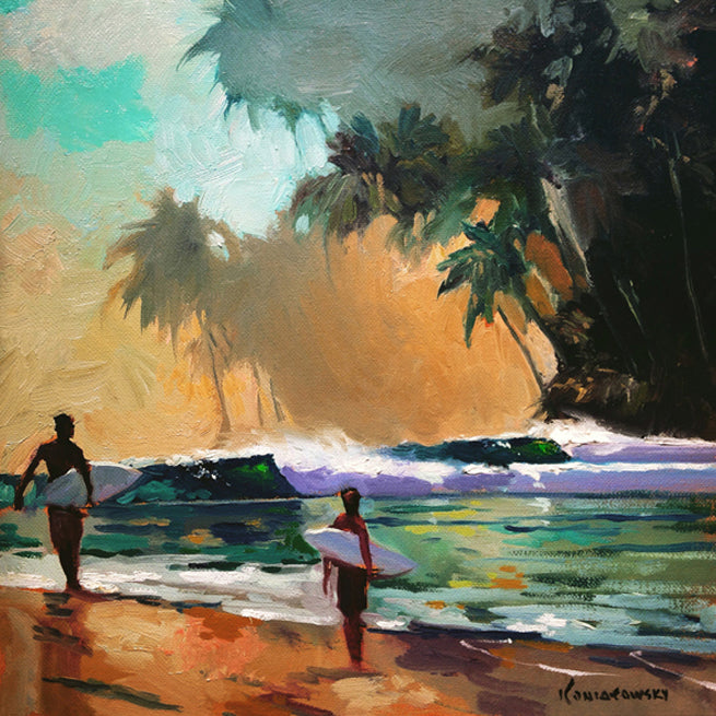 "Intrepid Cove" Tropical paradise scene of two surfers about to paddle out to peeling right-handed waves. Strong brush strokes and bright colors bring a warm feeling to any space.    Originally painted in oil, this giclee is true to color and of the highest quality. Giclee on canvas, gallery-wrapped.