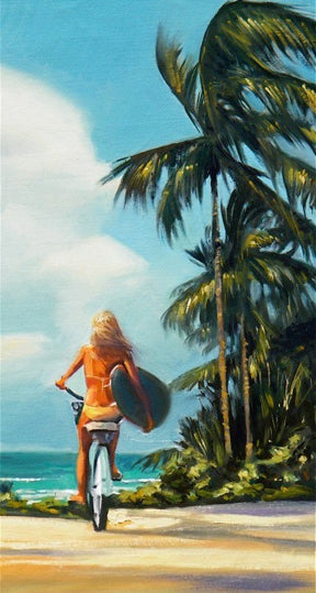 "Island Surf Check" - Surfer girl bikes to the beach with her surfboard under her arm. Blue horizon in the distance and windswept palm trees with bright sunlit highlights. Brings a warm ocean breeze feel to any space. 