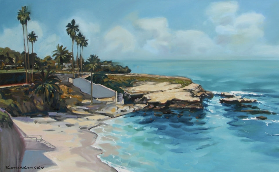 "La Jolla Cove" La Jolla Shores, one of the most beautiful of Southern California landmarks, is depicted in this Impressionistic ocean painting with all the vibrant colors of a summer day. 