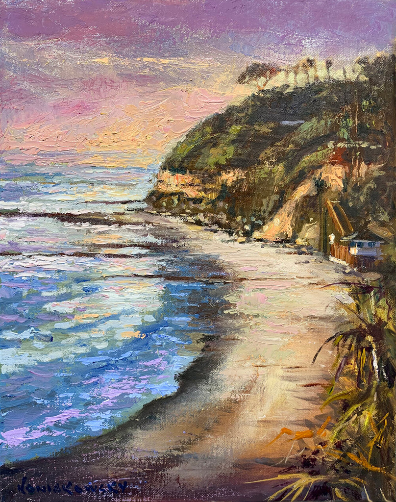 “Last Light, Swamis” This vertical composition of the iconic bluff at Swami's Beach is depicted in the faint, warm light as it slips into the evening. Swami's is most commonly painted as a landscape format because of the compelling foreground and middleground. The color of the setting sun in the clouds, sand and water make for a very unique painting. Active, thick brushwork was used in this piece.