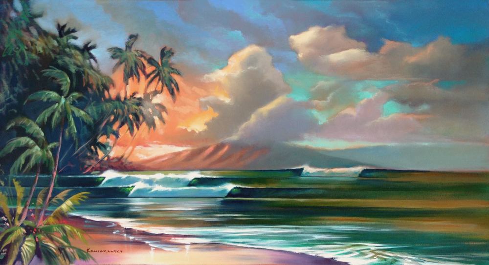 "Light Waves" is a panoramic tropical scene painted in uplifting, vibrant greens, blues, oranges, and tans. It’s a view of an idyllic, tranquil scene.
