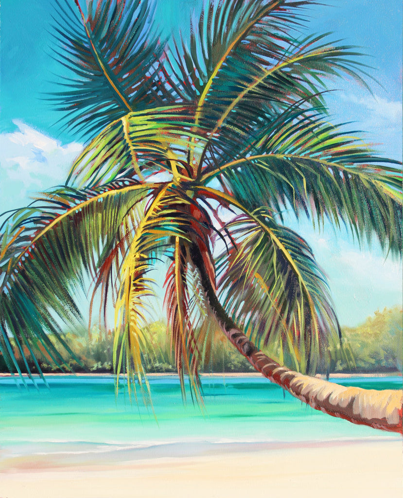 Lone Palm - A luxurious, green-leafed palm bends low over a sandy beach, a blue-green bay spreading before it. You and the Palm have the beach to yourselves!