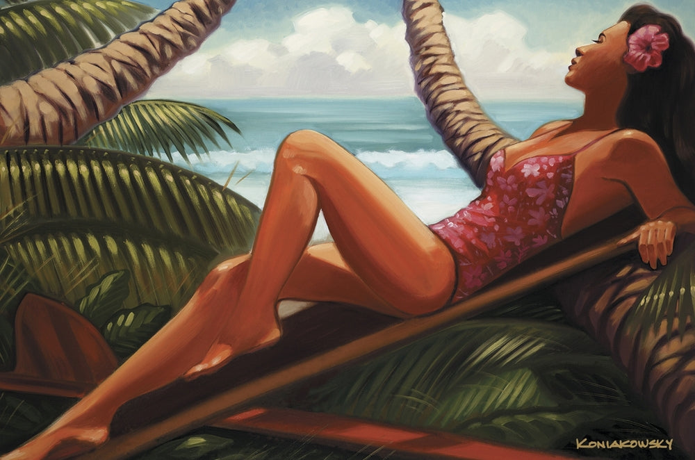 "Maalea Jean" - Tropical palm tree scene with the blue horizon in the background. 