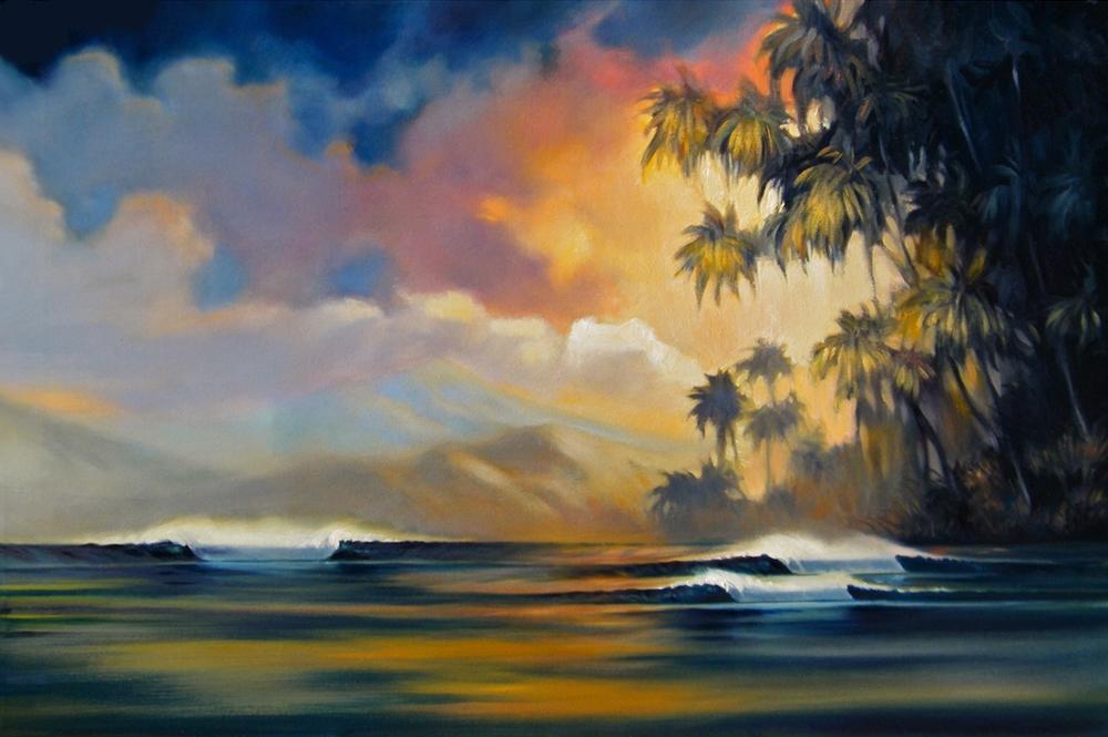 depicts a peaceful, tropical, warm sunset. This is part of the Dreamscape series - inspired by places he's been or would like to go! You can go there everyday with "Mystic Skies" on your wall.