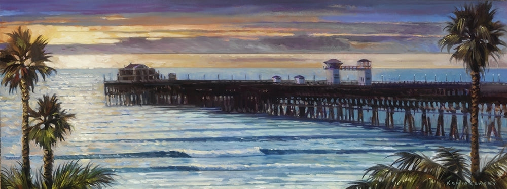 "Oceanside Pier II”  Sunset at Oceanside Pier.  Another iconic view of the long pier in Oceanside, California.   Originally painted in oil, this giclee is true to color and of the highest quality. Giclee on canvas, gallery-wrapped.If you plan to frame this piece, please let us know and we will have it stretched on thin bars—more appropriate for framing.