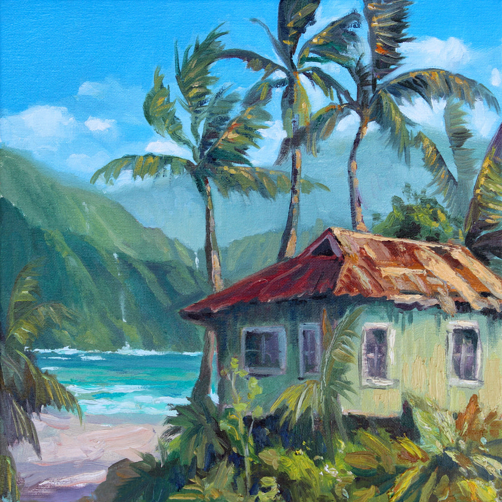 "Old Hawaii" This secluded surf shack on a tropical beach is in Wade’s series “Places I’d like to live”.  Originally painted in oil, this giclee is true to color and of the highest quality. Giclee on canvas, gallery-wrapped.