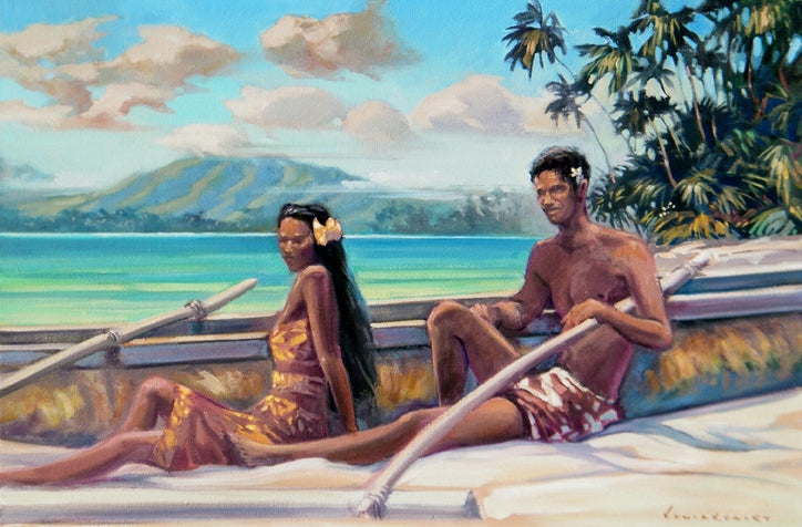 "Outrigger Couple 1" Calm crystal clear ocean waters along a shore of scattered palm trees with faded mountains in the distance.  A couple sits next to their outrigger enjoying the ocean breeze on this warm day.  Brings a tropical feel to any space. 