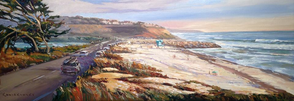 "Ponto Evening Light"  View of of the historical 101 in Carlsbad, CA with peeling waves and sandy shores painted at sunset. 