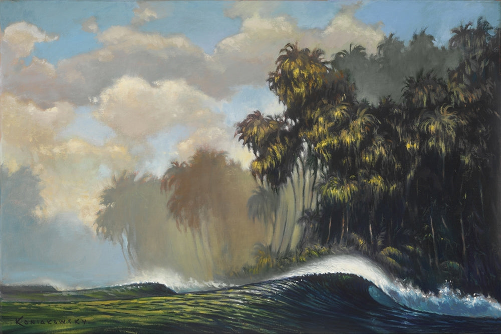 "Prehistoric Point" One of Wade’s dreamscape series, inspired by surfing the tropics. The soft blues and greens in this scene create a tranquil feeling.