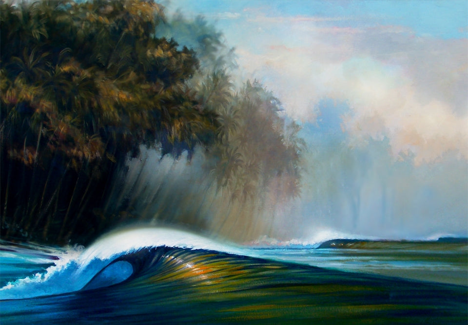 "Primordial Soup" Part of Wade’s “Dreamscape” series, with two deep, blue/green waves curling powerfully towards a tropical, palm-tree dense beach.