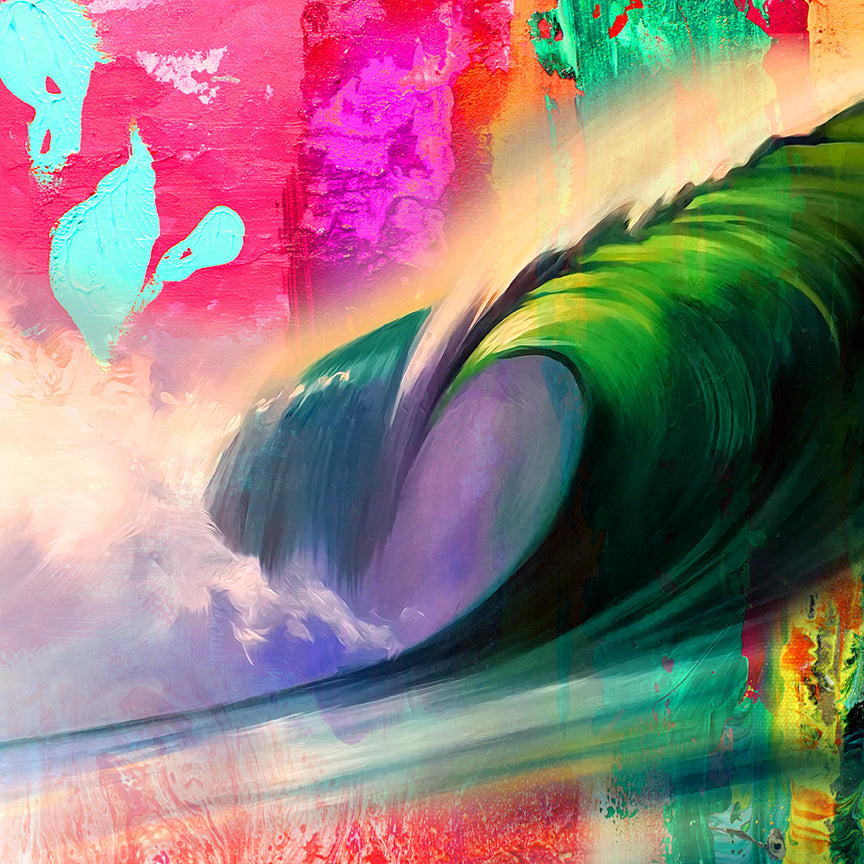 “Purple Crush Abstract” — a giclee on canvas of a powerful wave barreling down against a colorful sky! In colors from the tropics— hibiscus pink and thalo blue/green.