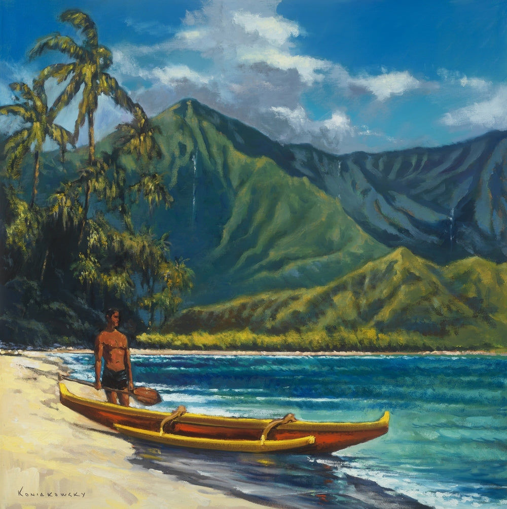 "Red on Green"  Hanalei Bay, Kauai Hawaii. One of the most magical places on earth.  Originally painted in oil, this giclee is true to color and of the highest quality. Giclee on canvas, gallery-wrapped. 