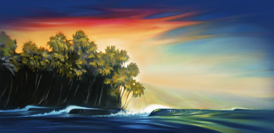 "Red Stripe" Surfers paradise under a stunning sky of colors. Peeling left handed waves with offshore spray and dark blue green waters below a rainbow sunset sky. This palm tree shoreline brings a tropical feel to any space. 