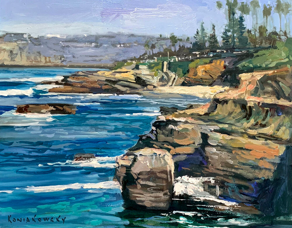 “Shell Beach, La Jolla” Says the artist “This is a beach I had painted several times, even a large one. But on a recent painting trip to La Jolla, I saw this and painted it just as it was that day and I now consider it my best version of this scene.”  Wade Koniakowsky