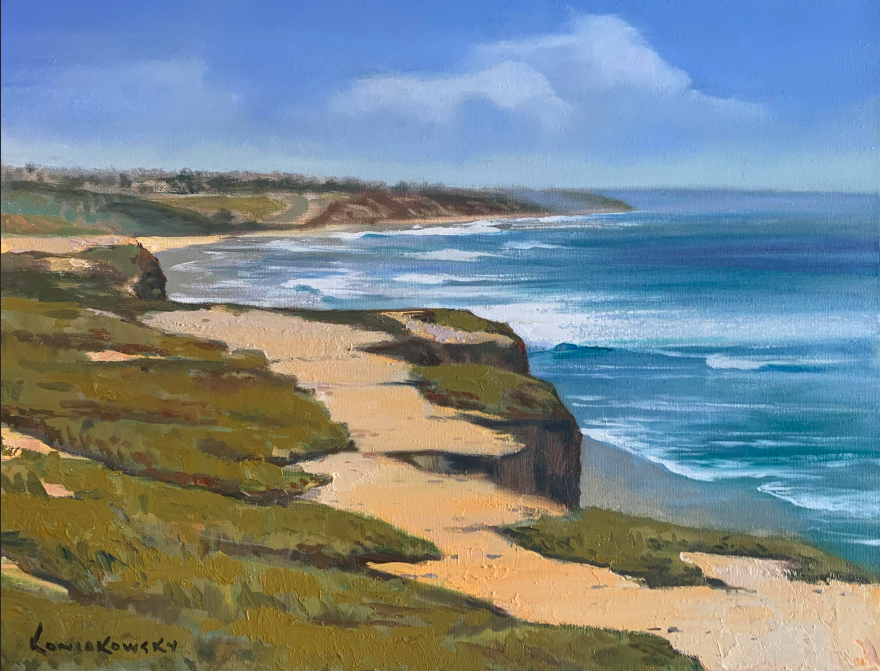 “South Carlsbad View” - Beautiful ice plant covered bluff foreground draws the viewer into this expansive view of South Carlsbad. Reference photo used is from Mike Lloyd, local Carlsbad photographer who shoots a lot around Terramar and South Carlsbad. Of this painting Wade says" I did three paintings of this scene and this last one is my favorite. This last version (the painting listed here) seems to give the most accurate feeling of this view, which I have observed so many times".