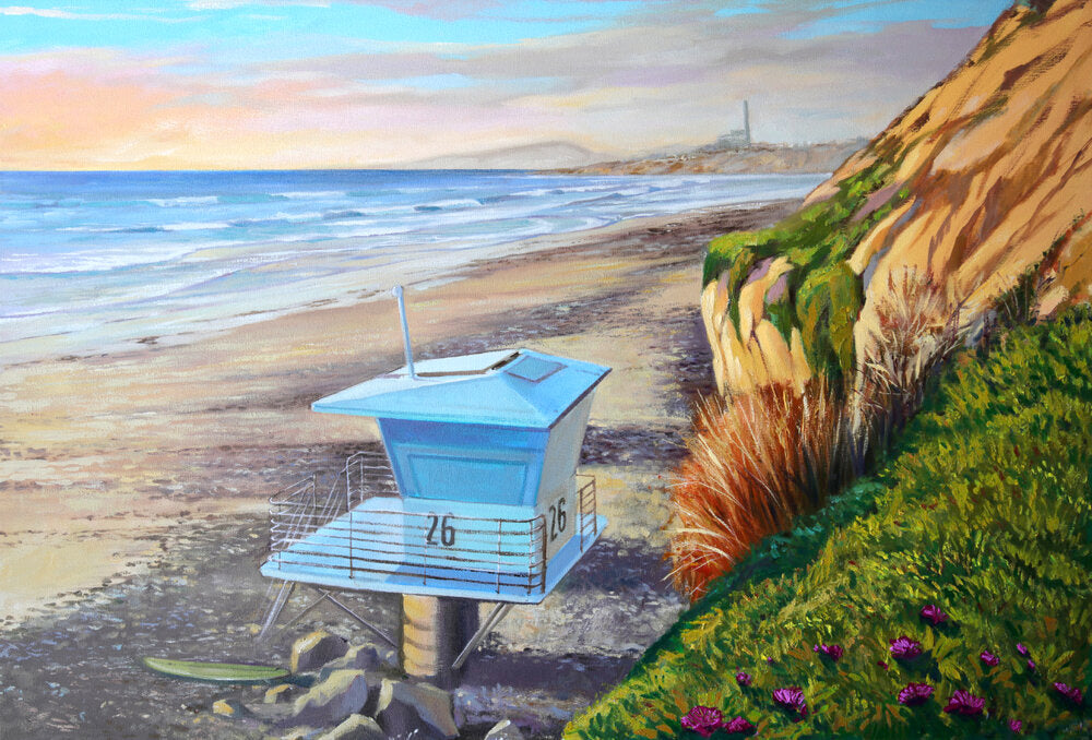 “Springtime at Second Steps”  - A new view for Wade who says of this piece “ A collector approached me to commission this spot, a favorite for him and his family. I probably would never have noticed it, since I don’t frequent the Carlsbad campgrounds much. With the iconic Lifeguard tower in the foreground and the Power Plant in the distance, I fell in love with the scene both for its simplicity and yet how familiar this type of picture is throughout Southern California.