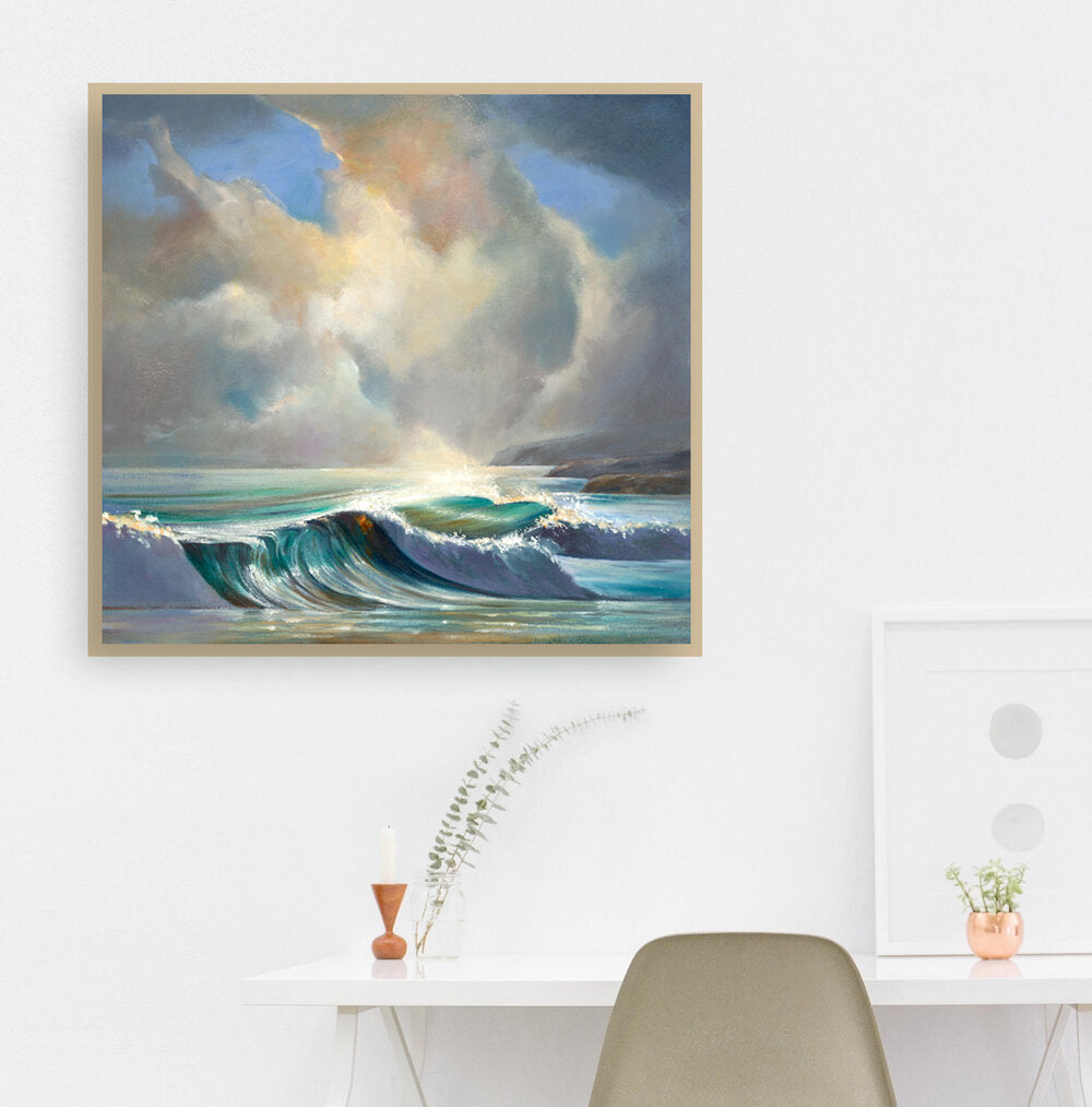 Mock up on a wall “Substance of Dawn”  Crisp morning waves rolling in  with big billowy clouds opening up.  
