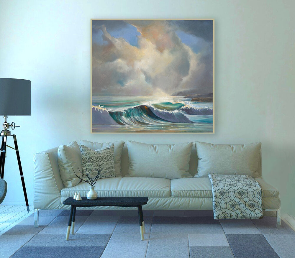 Mock up of “Substance of Dawn”  Crisp morning waves rolling in  with big billowy clouds opening up.  