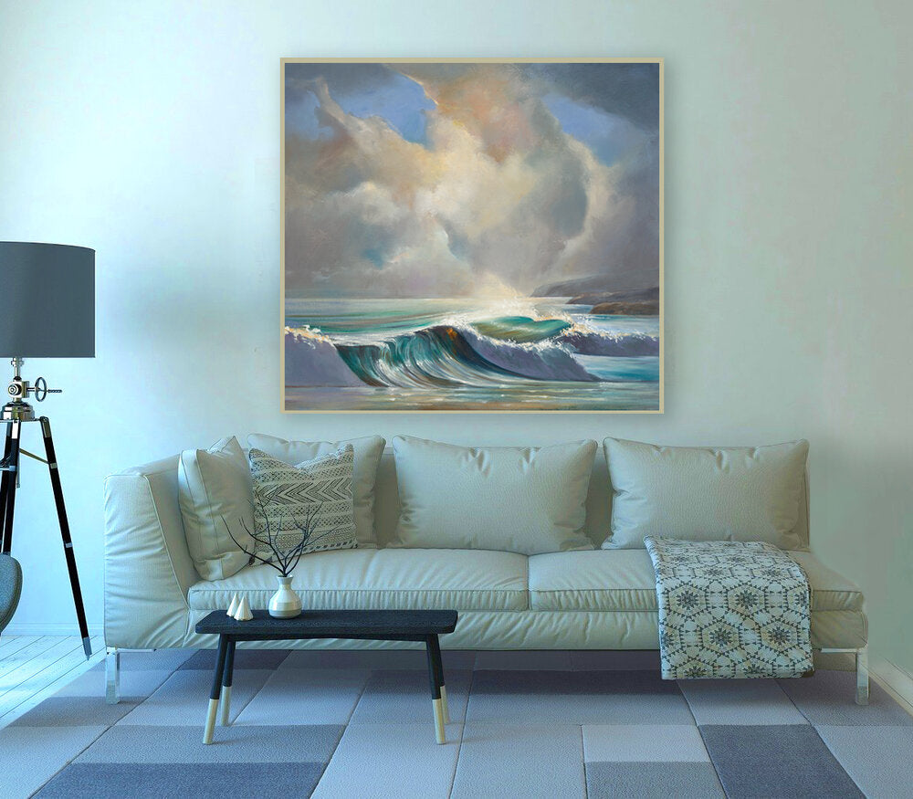 Mock up of “Substance of Dawn”  Crisp morning waves rolling in  with big billowy clouds opening up.  