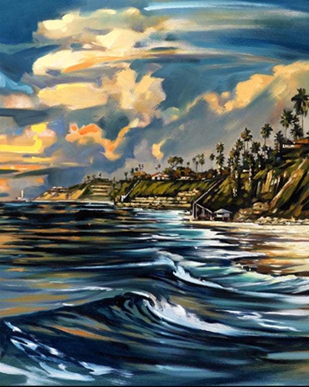"Swami’s Glow"  Commissioned for Encinitas Magazine’s cover, this painting depicts a view from the water of Swami’s Beach in Encinitas, California.