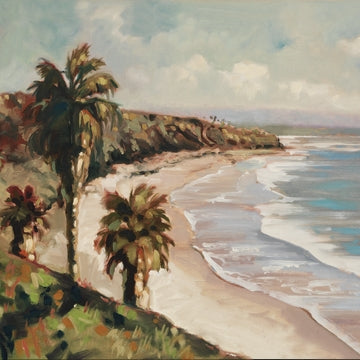 "Swami's Looking South" (The ever popular stretch of beach in Encinitas California, between Swami’s and Cardiff (San Elijo Campground), made famous by surfers and enjoyed by families year round.  Originally painted in oil, this giclee is true to color and of the highest quality. Giclee on canvas, gallery-wrapped.