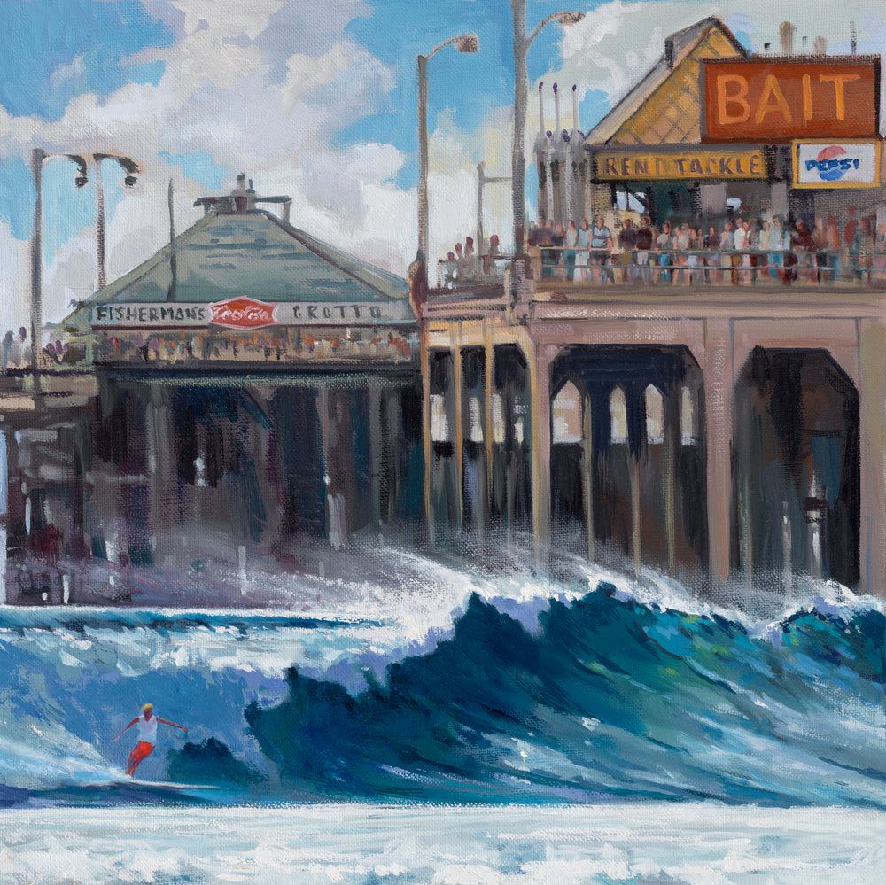 "The Gladiator" Surfer charges an overhead left breaking wave near the pier. Offshore spray and a crowd of onlookers above. 