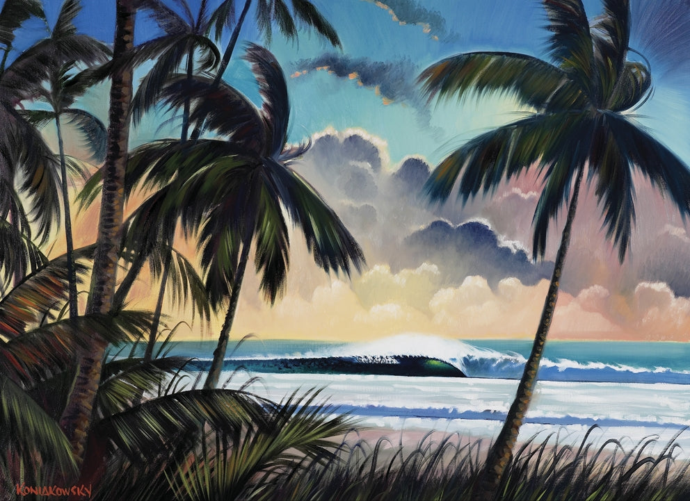   Peeling right handed wave with offshore spray and clean barrel can be seen through the silhouetted palm trees in this paradise setting. Brings a warm tropical  feel to any space.