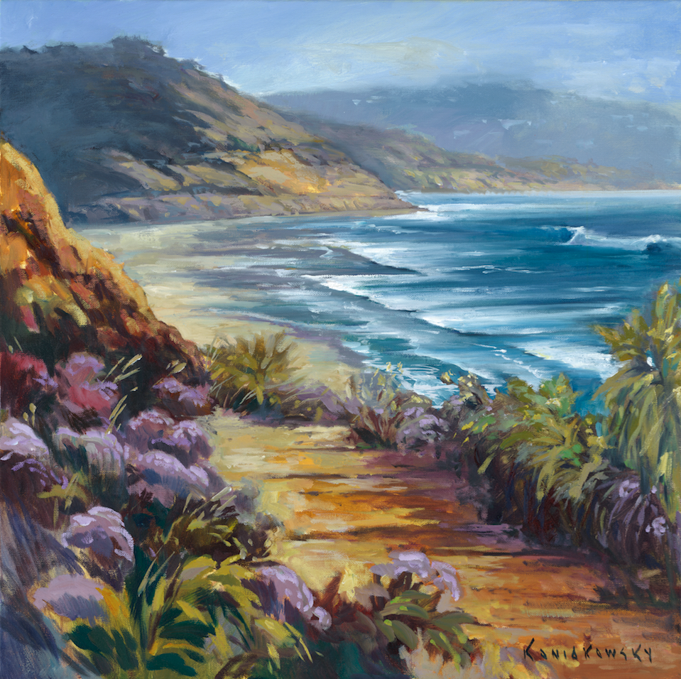 “Torrey Trail” A hidden walking path in south Del Mar with a view of Torrey Pines State Beach. Peeling waves on a bright sunshine day in California. 