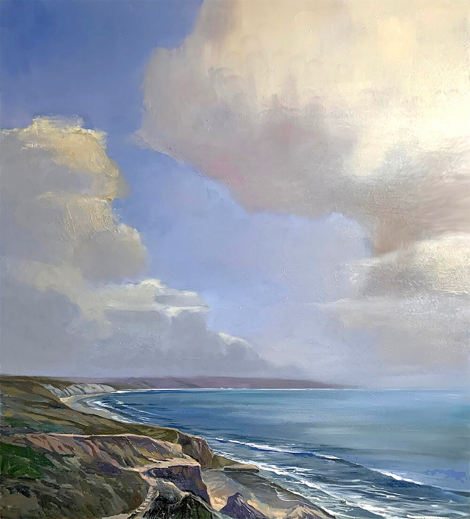 “Torrey Pines to La Jolla”  -  A view above the well known, and much loved Torrey Pines State Park and Beach, between Del Mar and La Jolla California.  The coast of northern San Diego curves off into the distance, while billowy white and cream-colored clouds float above the ocean and cliffs!