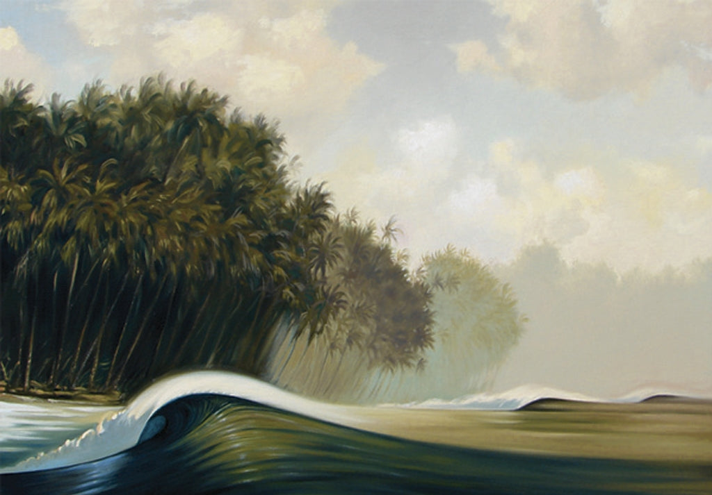 "Vanishing Point" Misty greens and blues behind a lineup of waves in the far-off tropics—sure to bring atmosphere to the room!