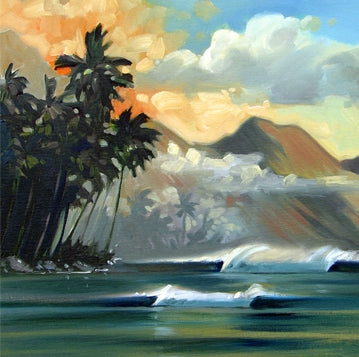 “Warm Morning” Tropical view of peeling A-frame waves and off-shore spray. This surfers paradise brings a peaceful feeling to any space.